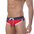 MetroMaleWear split swim brief red 4923-12 with red and navy blue fabric, white trim, and drawstring waistband