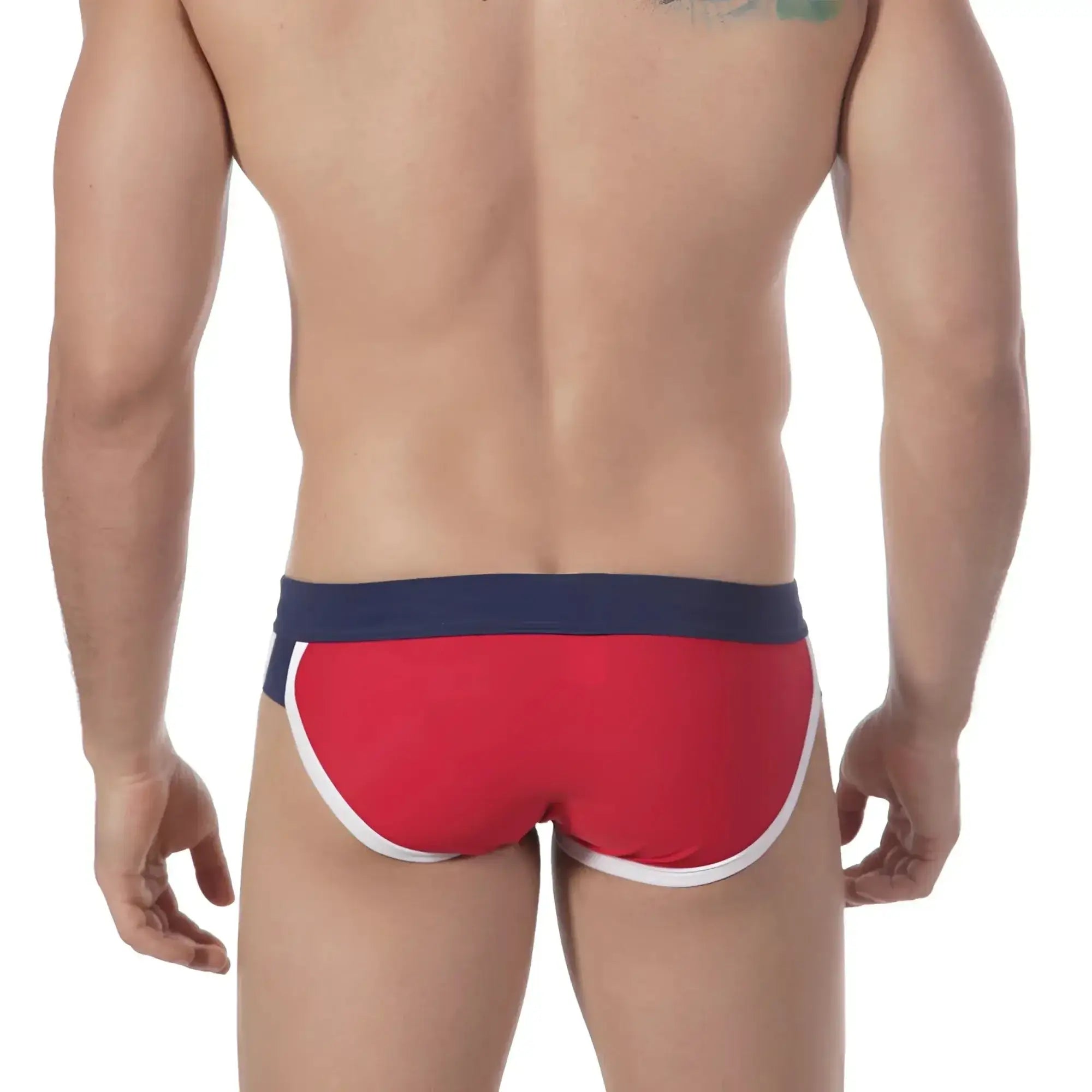 Red swim trunks with navy blue waistband and white trim from metromalewear split swim brief red 4923-12 collection