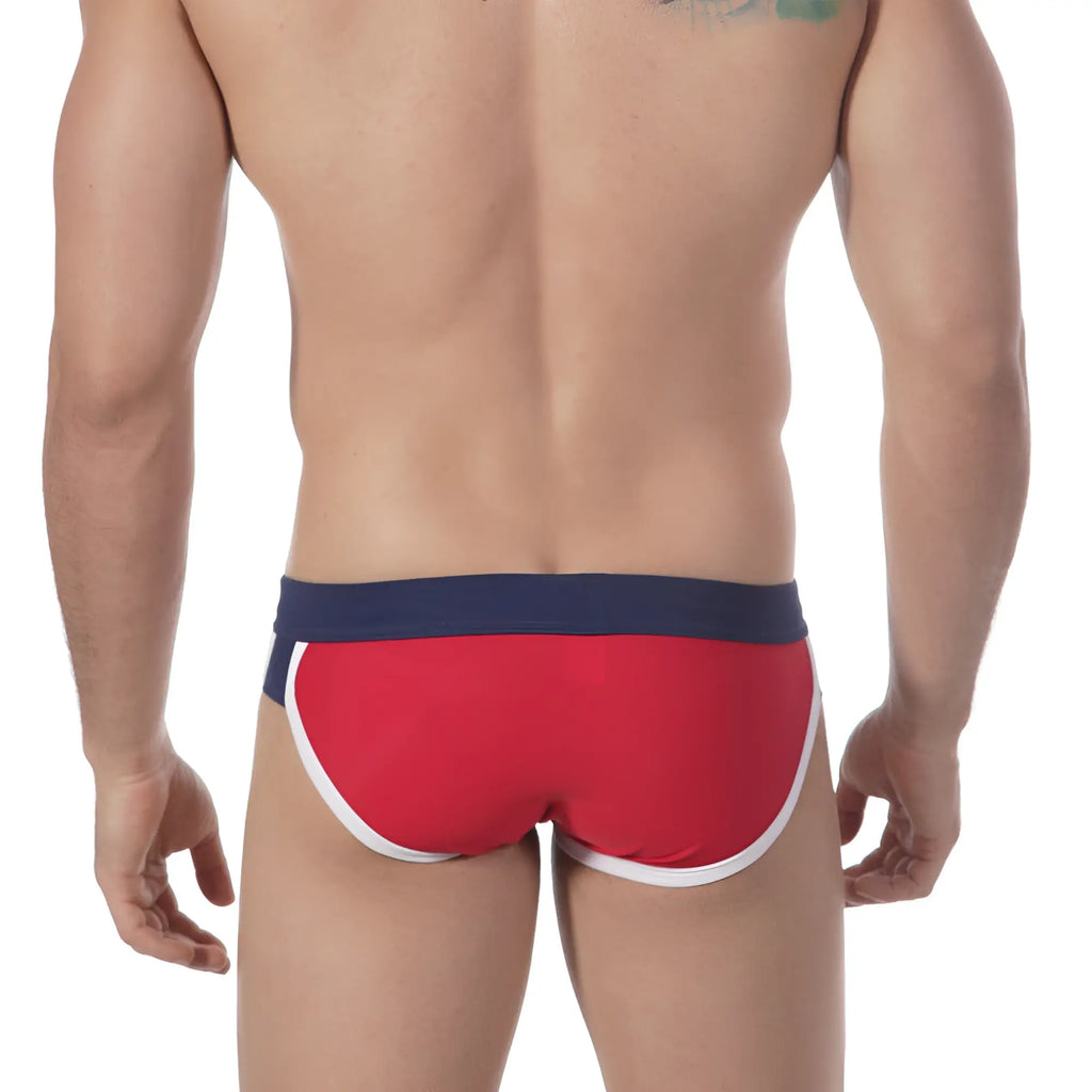 Red swim trunks with navy blue waistband and white trim from metromalewear split swim brief red 4923-12 collection