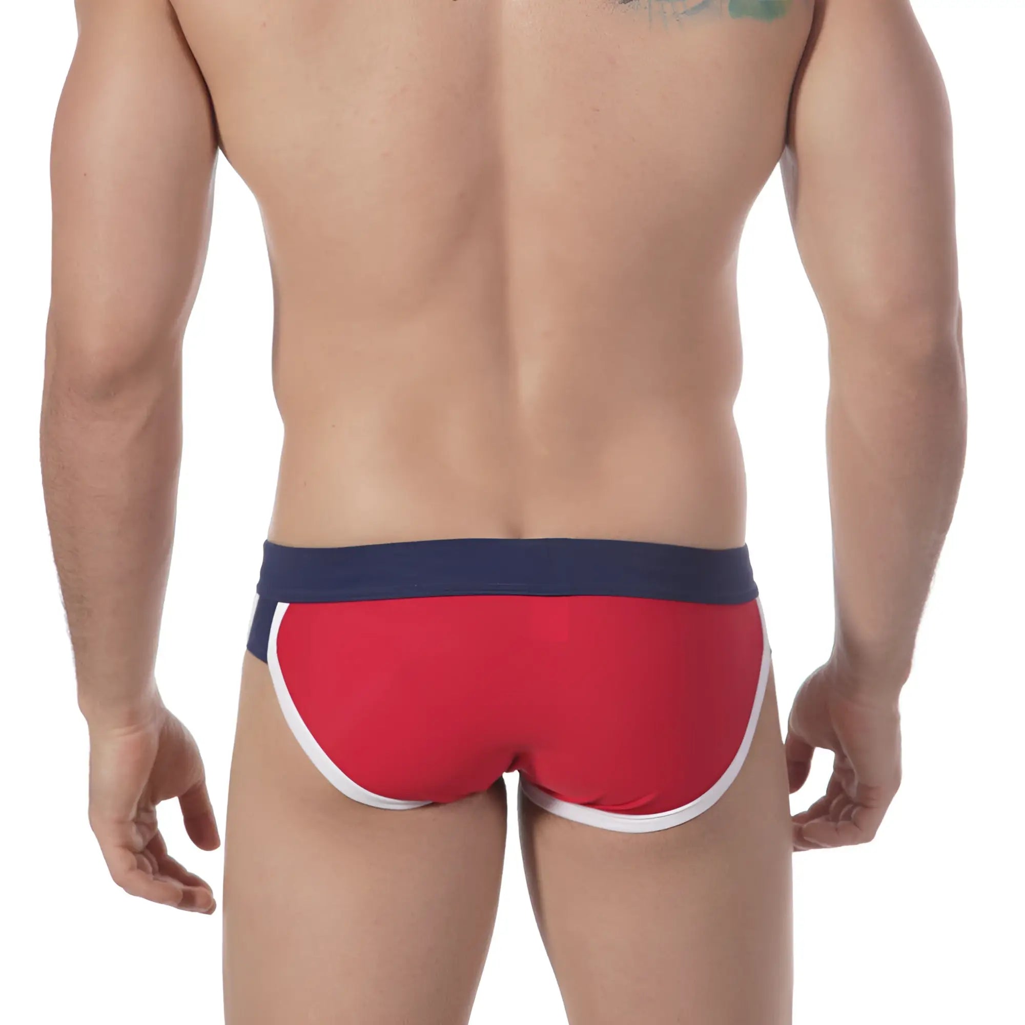 Red swim trunks with navy blue waistband and white trim from metromalewear split swim brief red 4923-12 collection