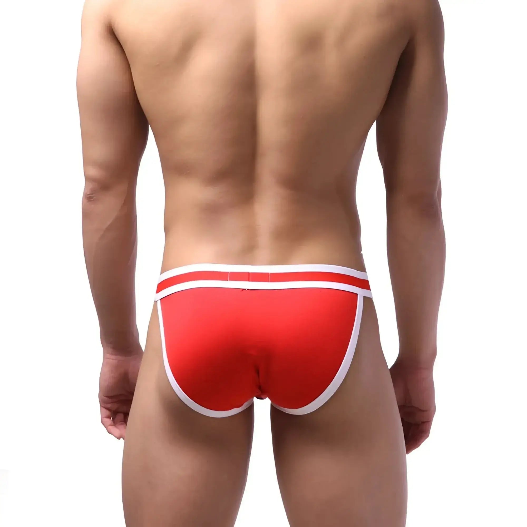 MetroMaleWear sport bikini briefs in red with white trim designed for athletic comfort and support