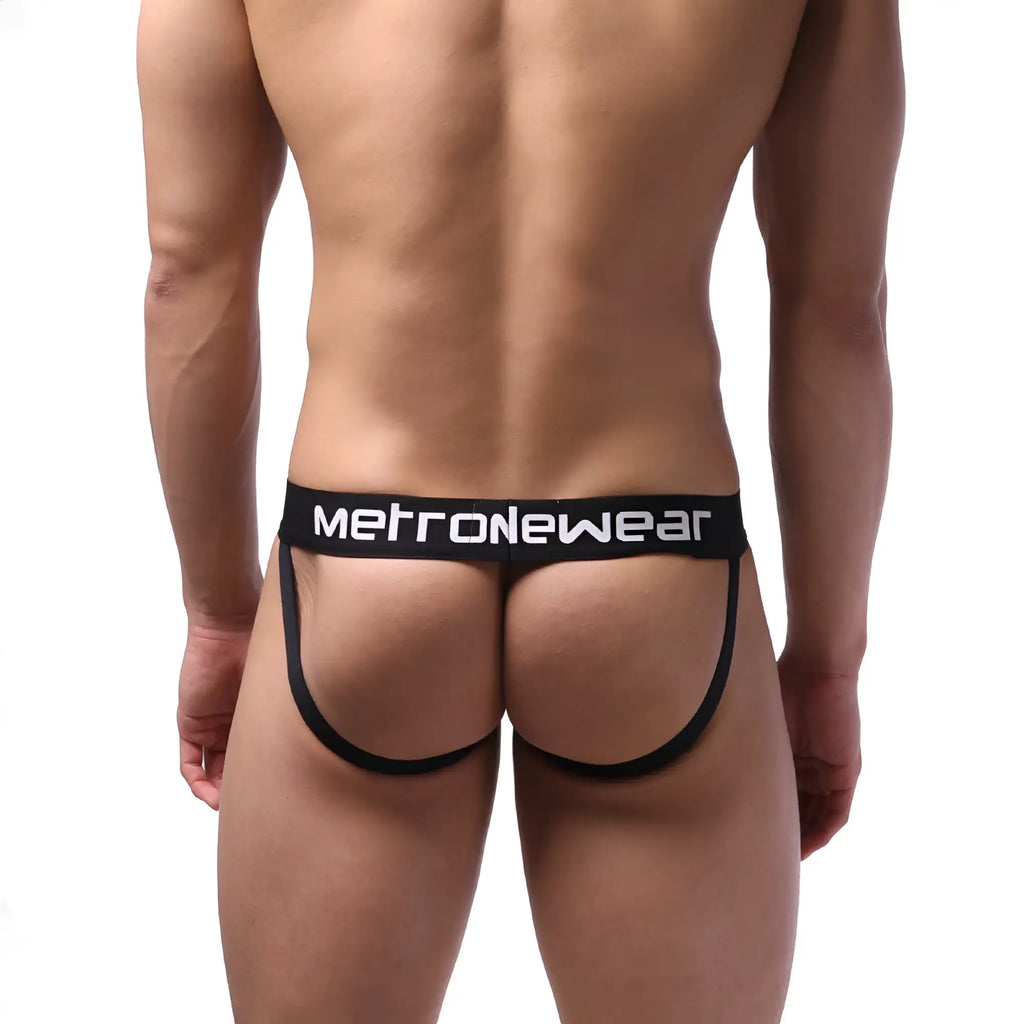Black metronewear sport jock strap briefs with wide waistband and supportive leg straps front view