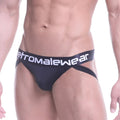 Black athletic jock thong with wide waistband and metromale wear logo in white designed for sports use