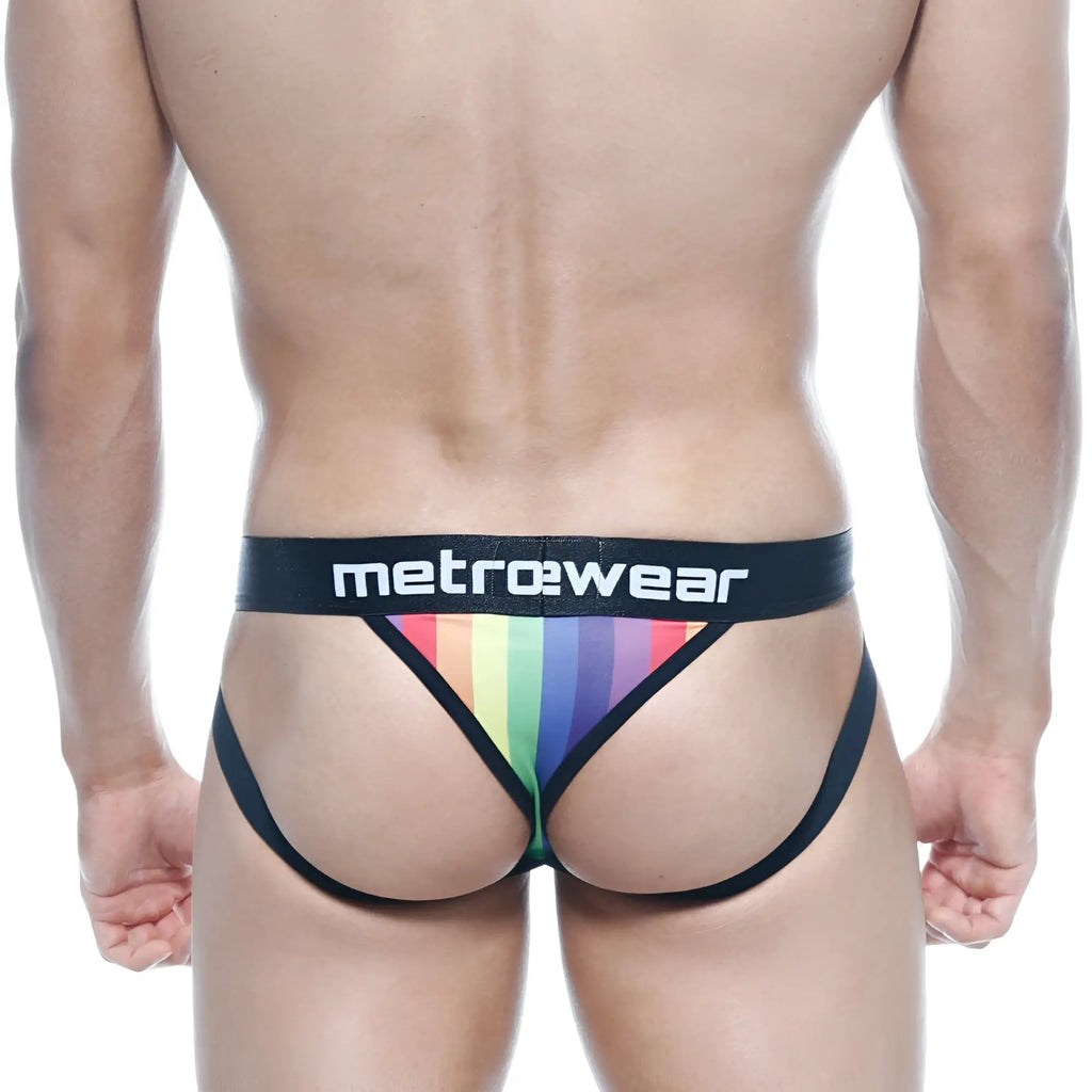 Black metrowear sports jock thong briefs with vibrant rainbow stripe pattern across front for activewear use