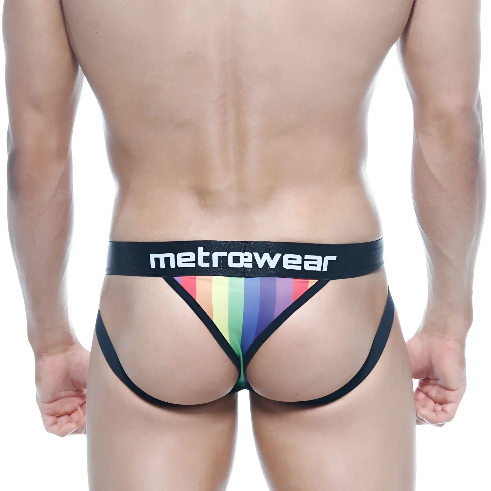 Black metrowear sports jock thong briefs with vibrant rainbow stripe pattern across front for activewear use