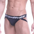 Black athletic briefs with wide waistband featuring metromale wear logo in white for sports use front view