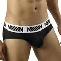 Black MetroMaleWear sports mesh hip briefs with white elastic waistband and bold black miiow branding 5003-43