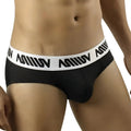 Black MetroMaleWear sports mesh hip briefs with white elastic waistband and bold black miiow branding 5003-43