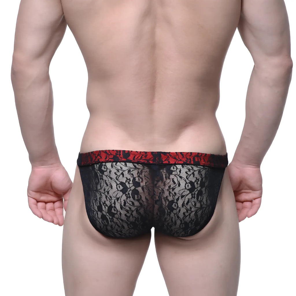 Black lace briefs with a red floral patterned waistband from MetroMaleWear Spy Glass Bikini Black 3004-81