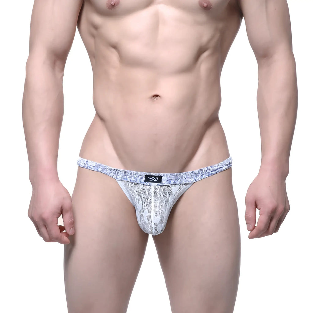 Metro male wear spy glass bikini ivory white lace thong with blue patterned waistband and small black logo tag