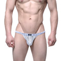 Metro male wear spy glass bikini ivory white lace thong with blue patterned waistband and small black logo tag
