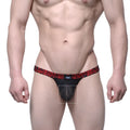 Black lace thong with red and black patterned waistband and small logo by metromalewear spy glass model 4002-80