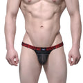 Black lace thong with red and black patterned waistband and small logo by metromalewear spy glass model 4002-80