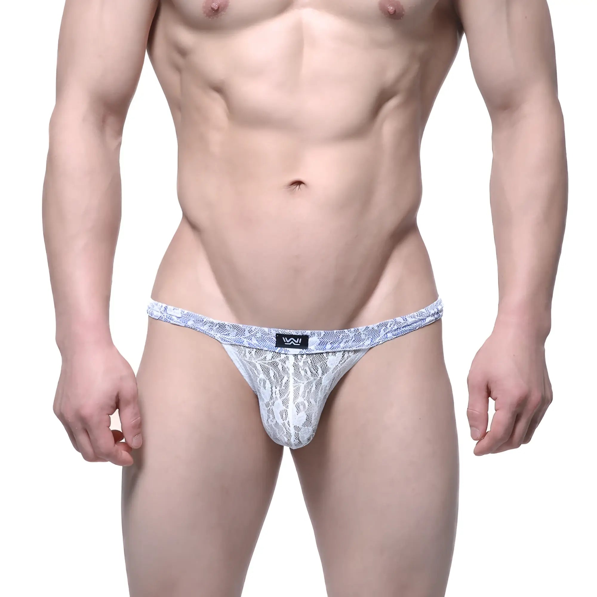 White lace thong with blue patterned waistband and small black logo tag from MetroMaleWear Spy Glass collection