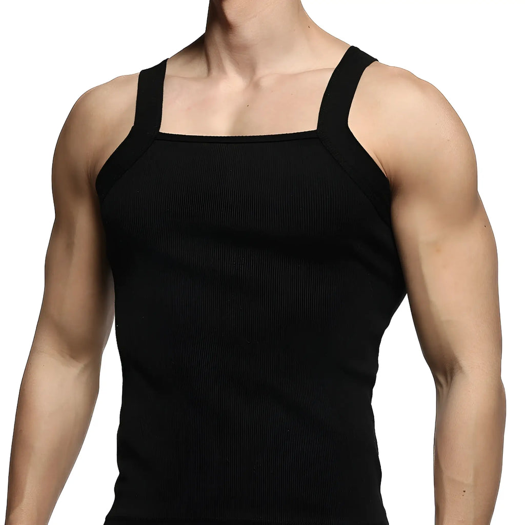 Black ribbed tank top with square neckline and wide shoulder straps from MetroMaleWear 3125-20