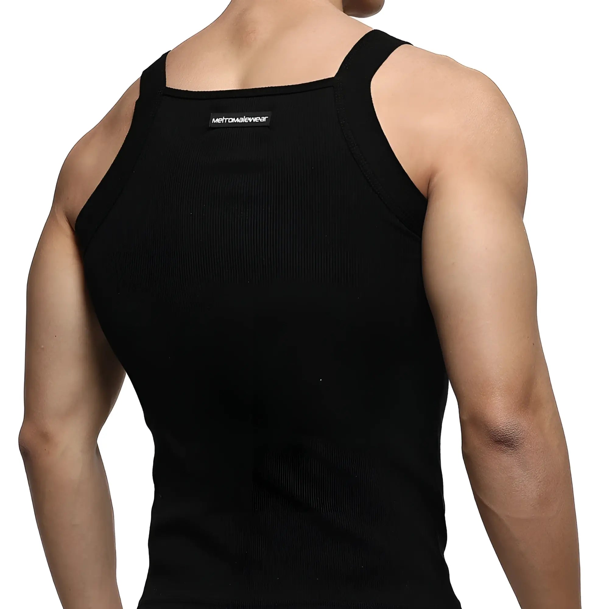 Black ribbed tank top with square neckline and shoulder straps showing metromalewear brand label at the back
