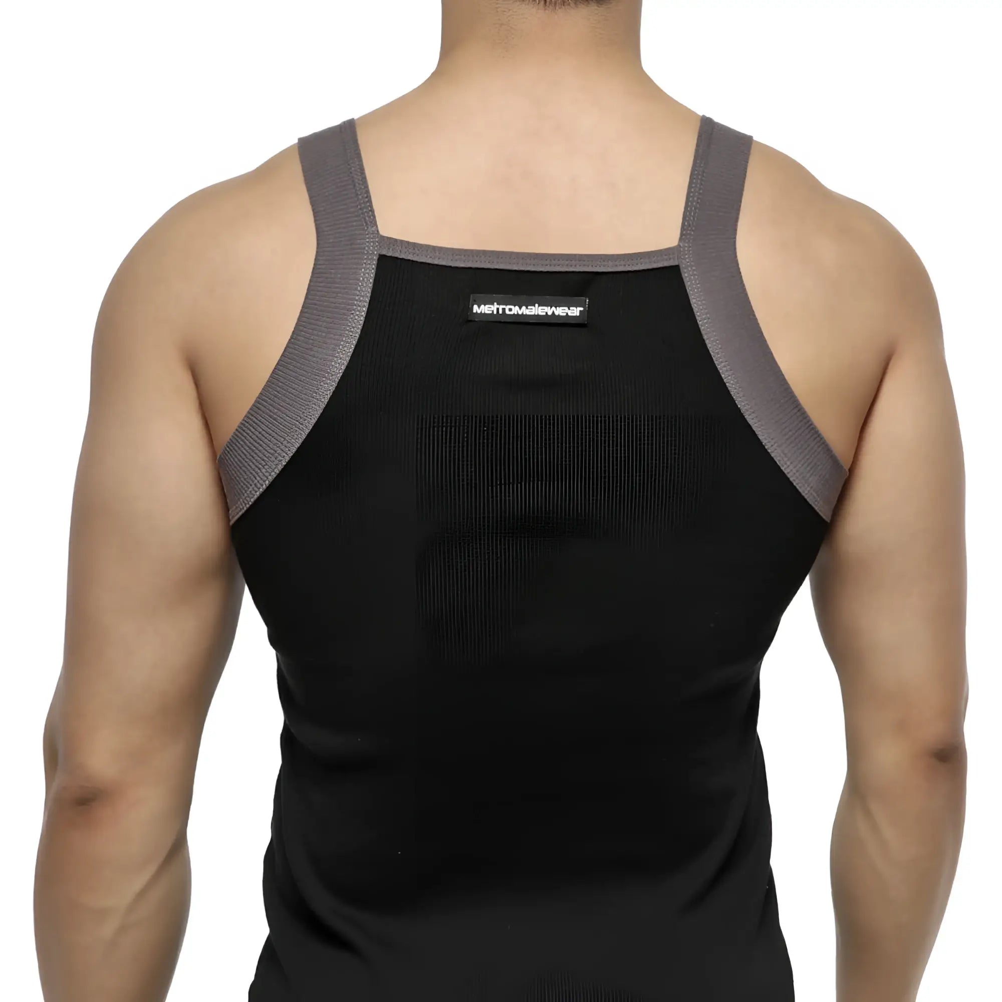 MetroMaleWear square cut tank top in black and gray with ribbed shoulder straps for athletic wear