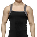 Black ribbed tank top with gray reinforced shoulder straps by MetroMaleWear square cut for casual wear
