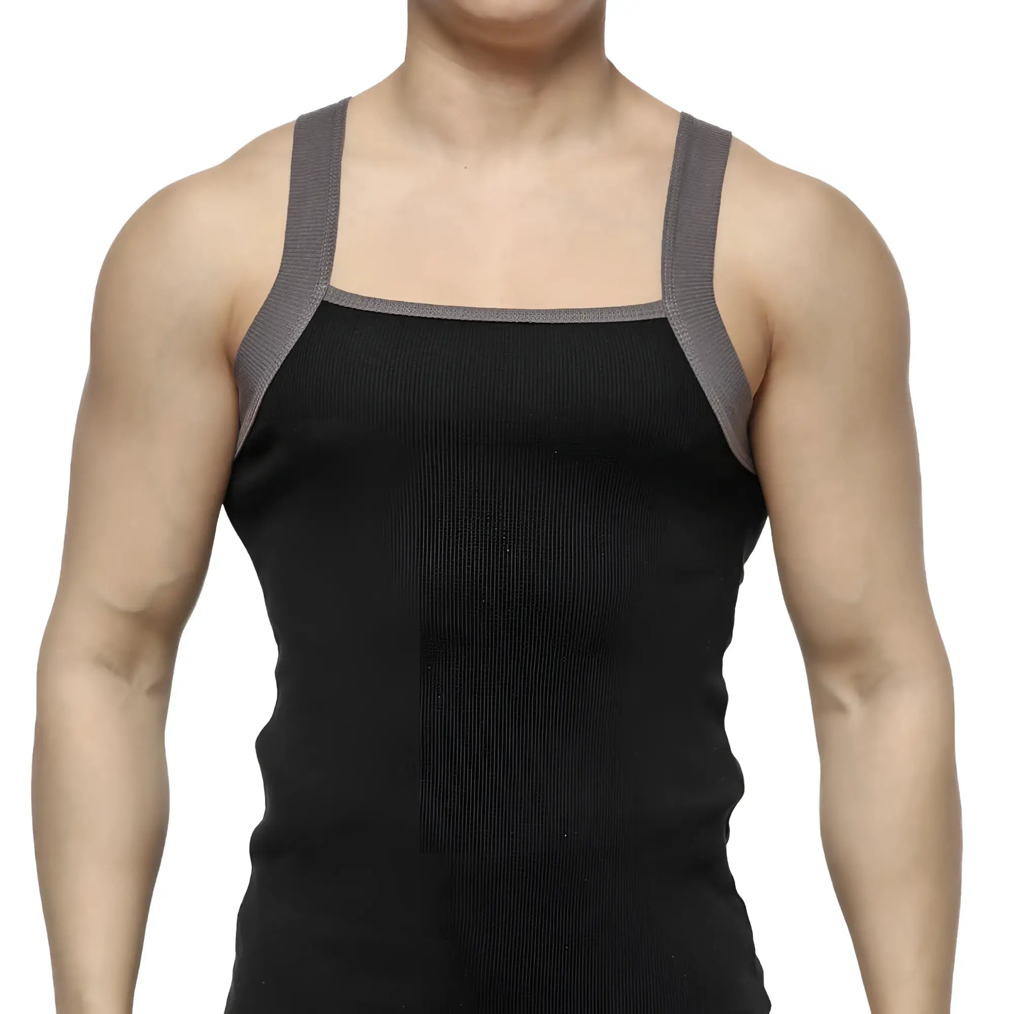 Black ribbed tank top with gray reinforced shoulder straps by MetroMaleWear square cut for casual wear