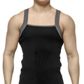 Black ribbed tank top with gray reinforced shoulder straps by MetroMaleWear square cut for casual wear
