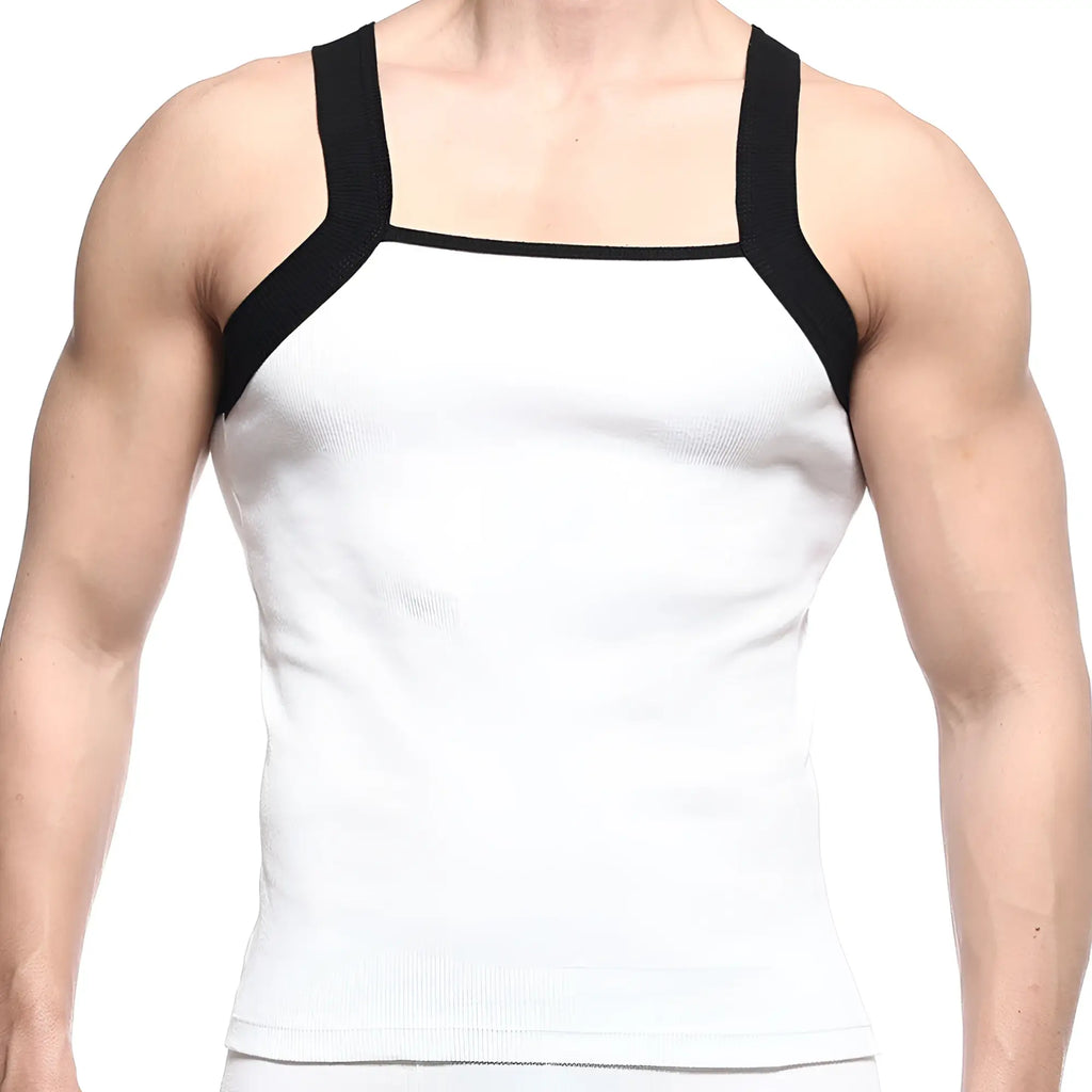 MetroMaleWear square cut tank top in white with black shoulder straps and a square neckline for casual wear