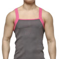 Gray ribbed tank top with pink trim on straps and neckline by metromalewear square cut style 3125-10
