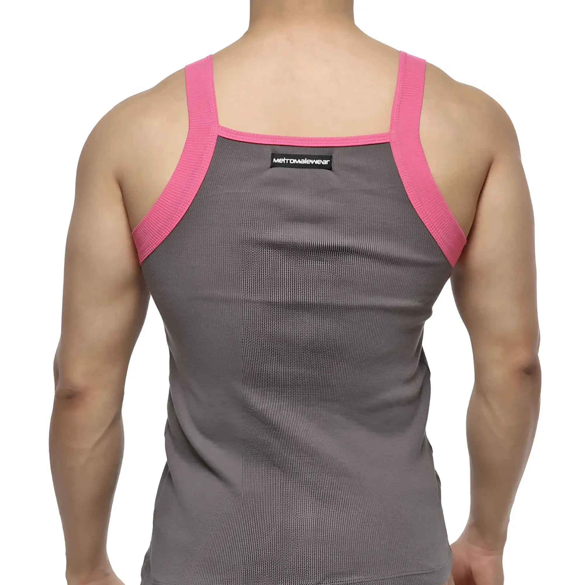 Back view of gray metroMaleWear square cut ribbed tank top with pink shoulder straps and black brand tag