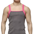 Gray ribbed tank top with pink trim on straps and neckline by metromalewear square cut style 3125-10