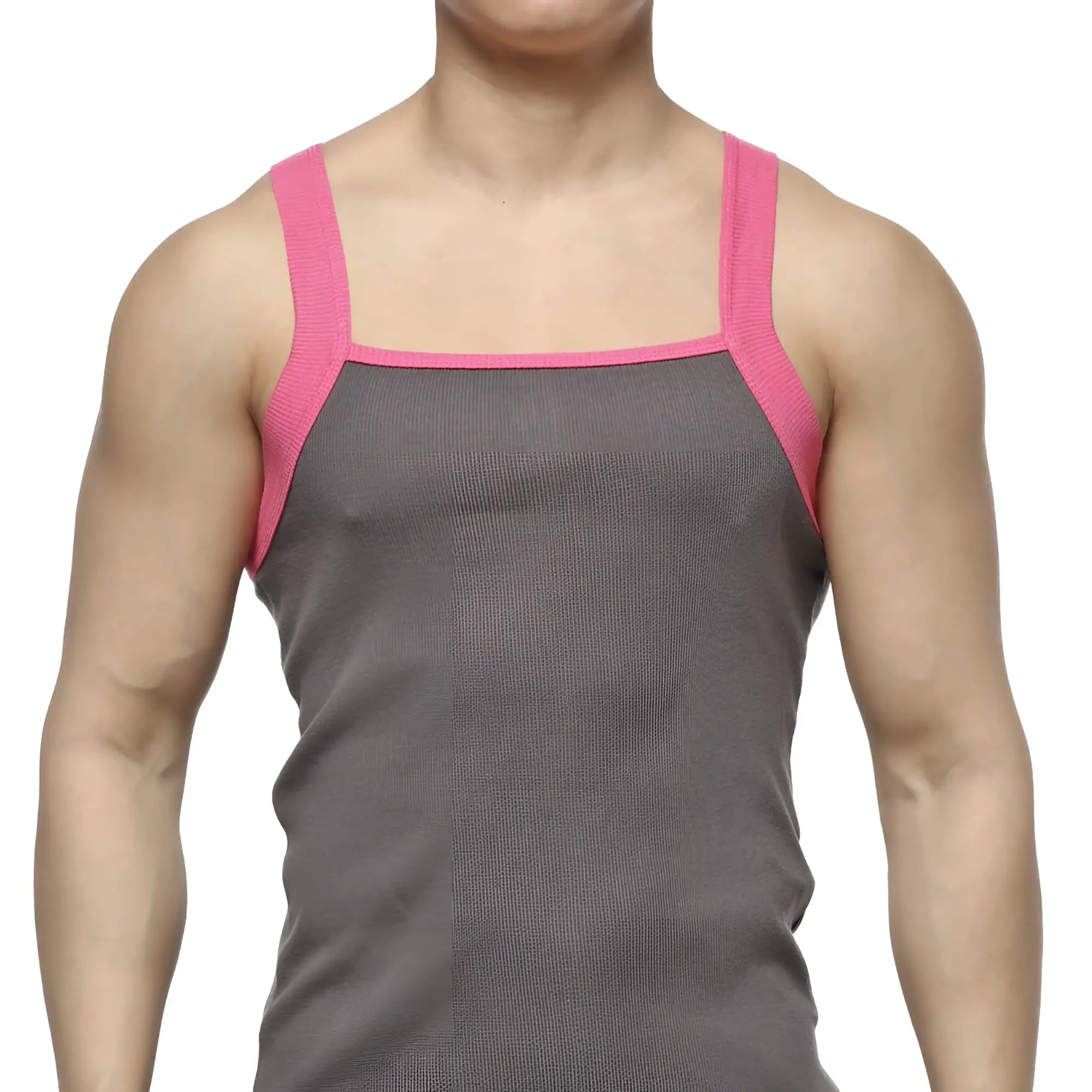 Gray ribbed tank top with pink trim on straps and neckline by metromalewear square cut style 3125-10
