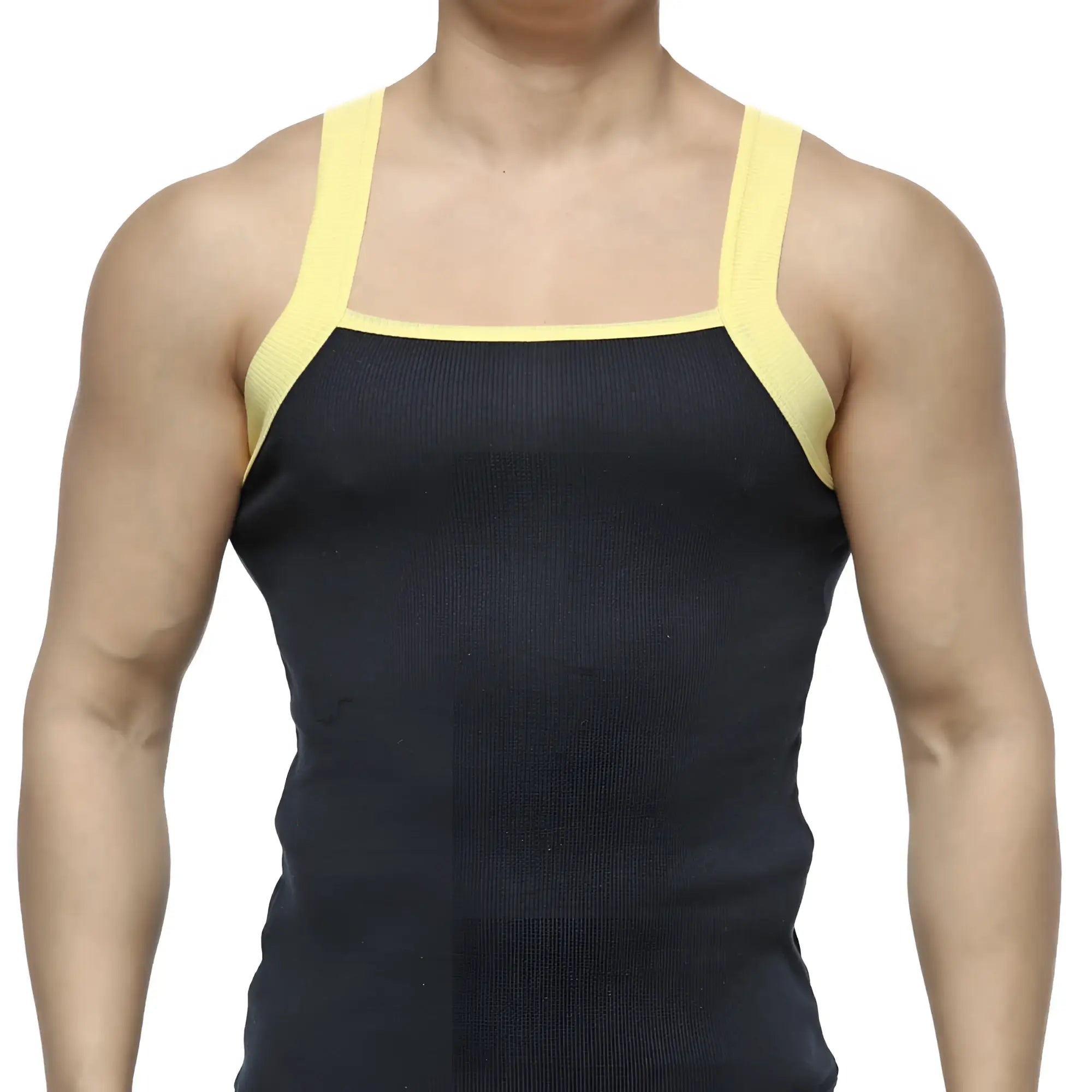 MetroMaleWear square cut tank top navy ribbed black fabric with contrasting yellow shoulder straps for casual wear