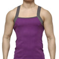 MetroMaleWear square cut tank top in purple with gray ribbed shoulder straps made of soft breathable fabric
