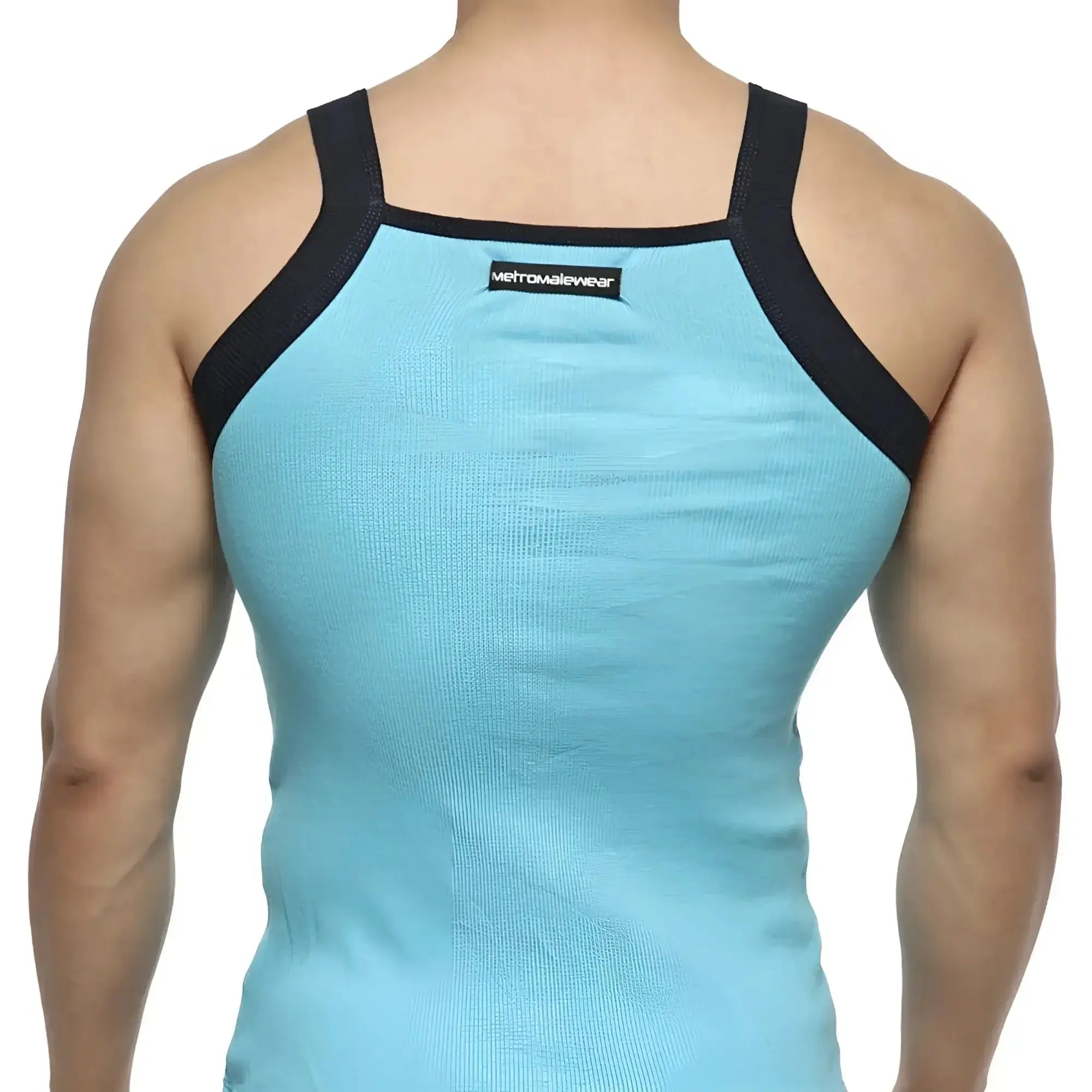 Back view of metro male wear turquoise square cut tank top with light blue ribbed fabric and black mesh shoulder straps