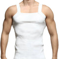 White ribbed cotton tank top with square neckline and wide shoulder straps by MetroMaleWear model 3125-00