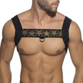 Black shoulder harness by metromalewear with gold embossed star pattern and central metal ring
