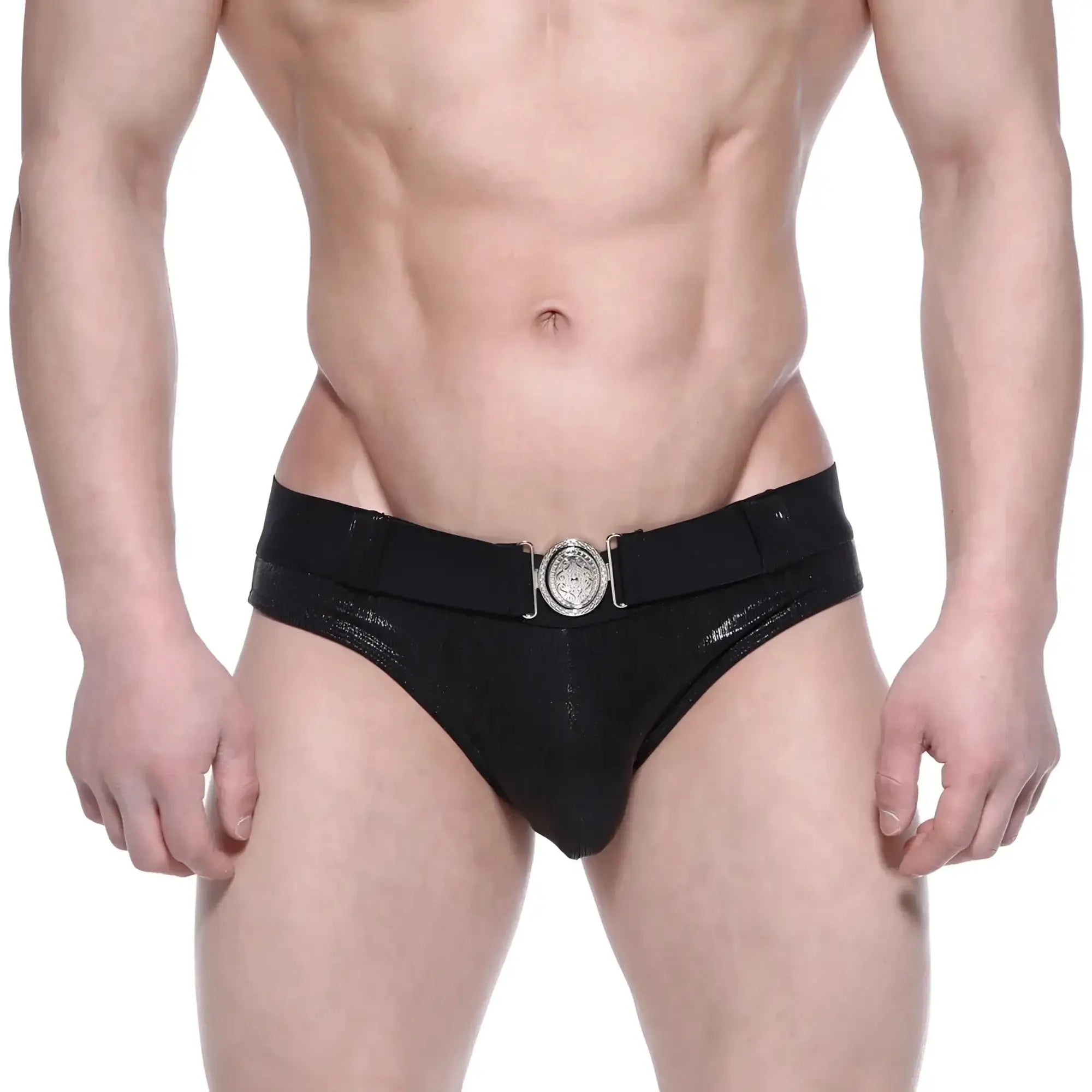Metromalewear stars swim brief black patent leather with a silver toned circular buckle front detail