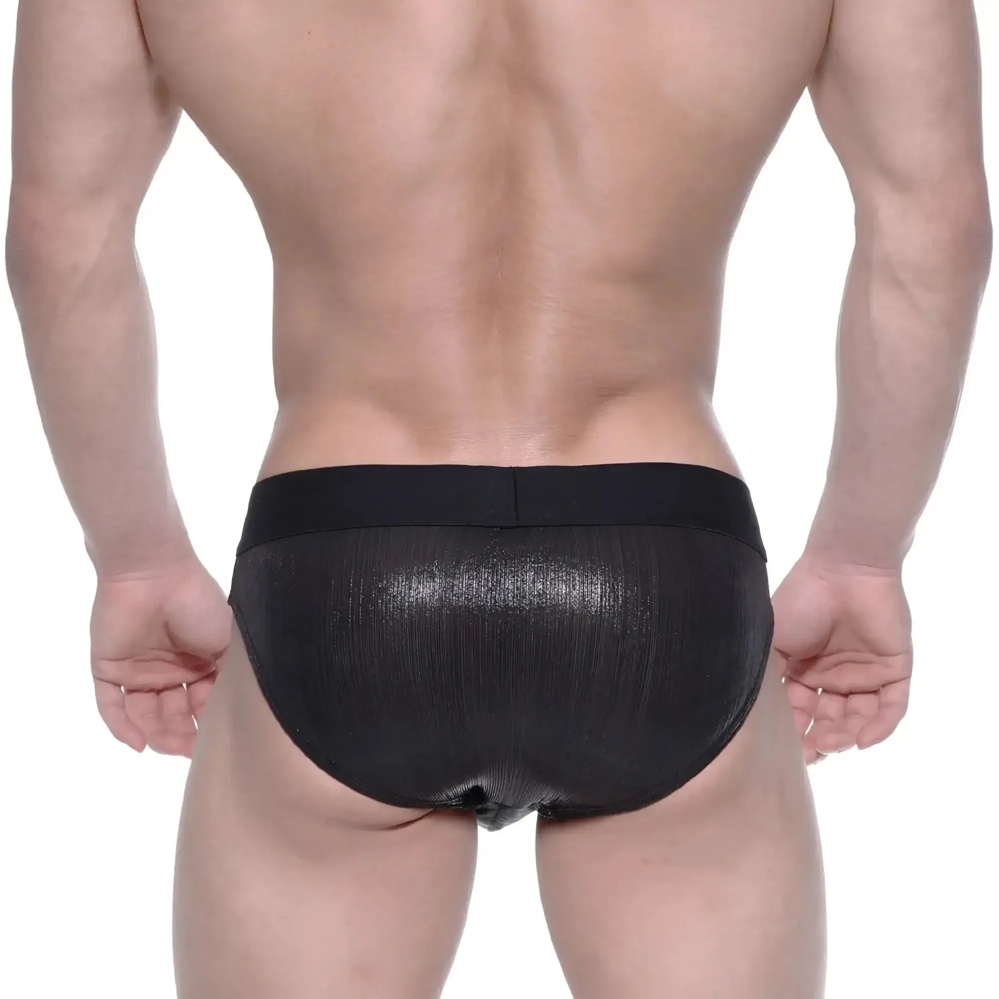 MetroMaleWear STARS swim brief black shiny mesh with ribbed texture and elastic waistband for comfortable fit