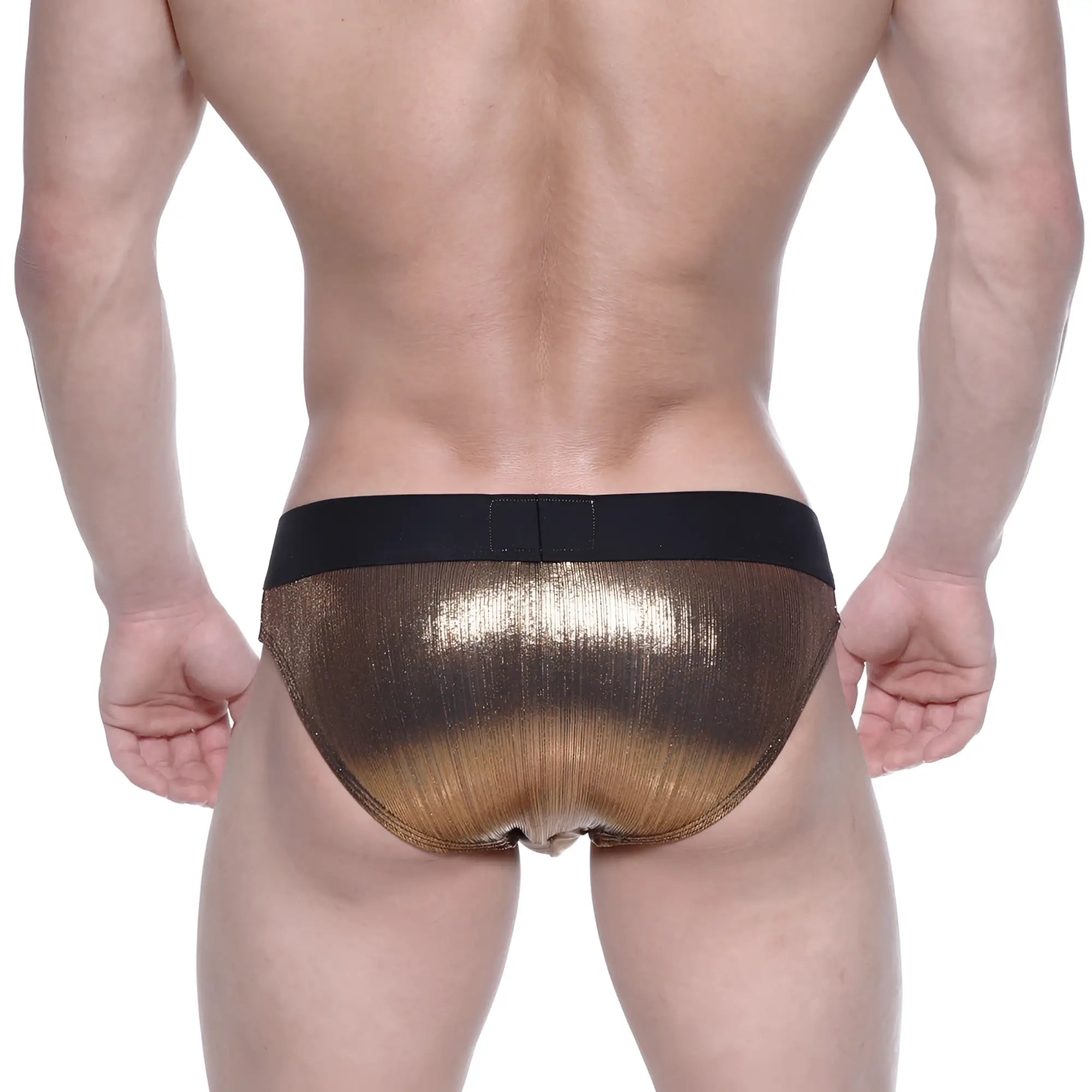 Shiny metallic gold MetroMaleWear STARS swim brief with black elastic waistband made of premium fabric
