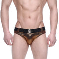 MetroMaleWear STARS swim brief gold shiny metallic with black elastic waistband and silver ornate buckle