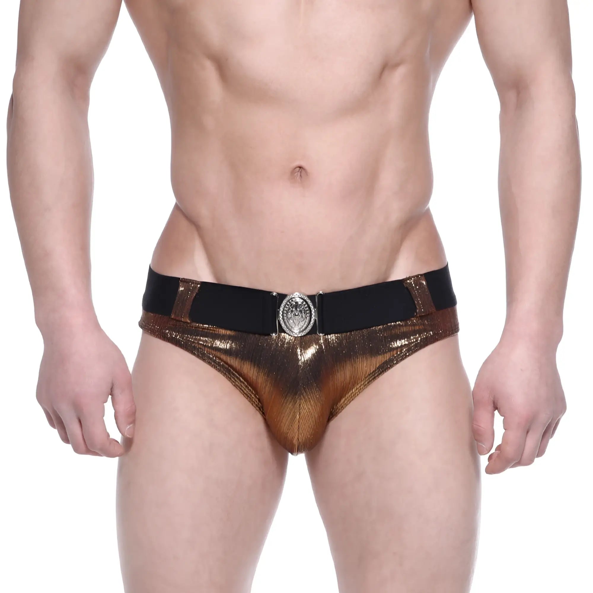 MetroMaleWear STARS swim brief gold shiny metallic with black elastic waistband and silver ornate buckle