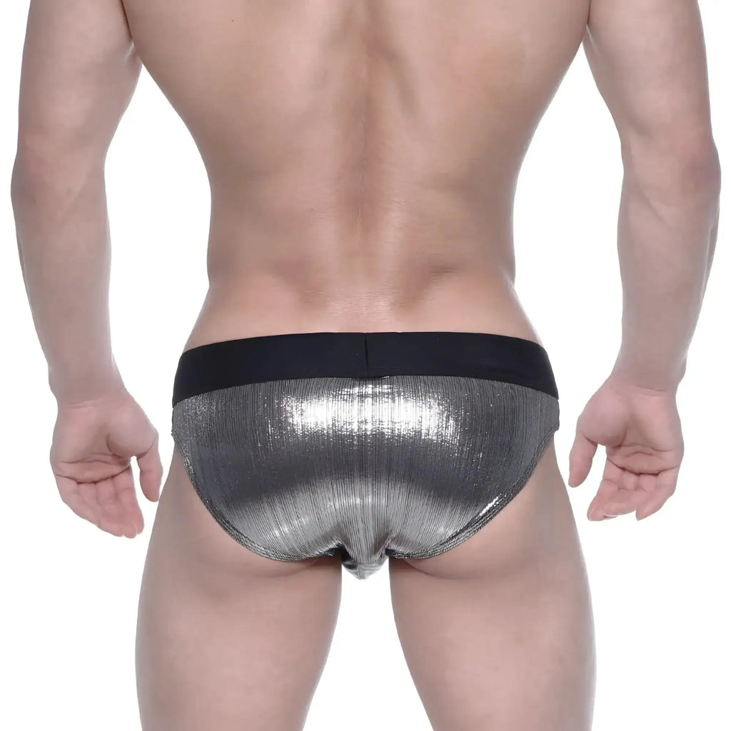 Shiny silver metallic swim briefs with black elastic waistband from metromalewear stars collection model 4946-33
