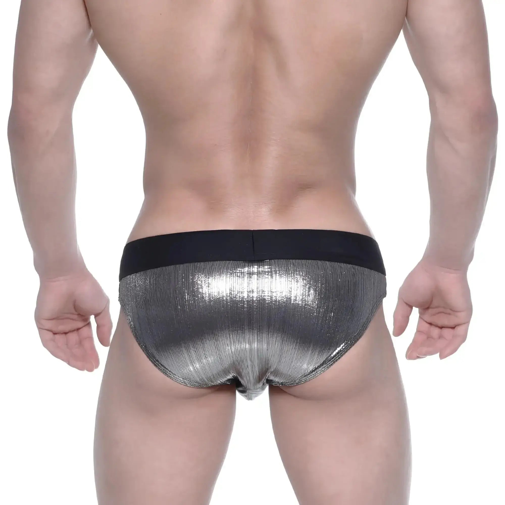 Shiny silver metallic swim briefs with black elastic waistband from metromalewear stars collection model 4946-33
