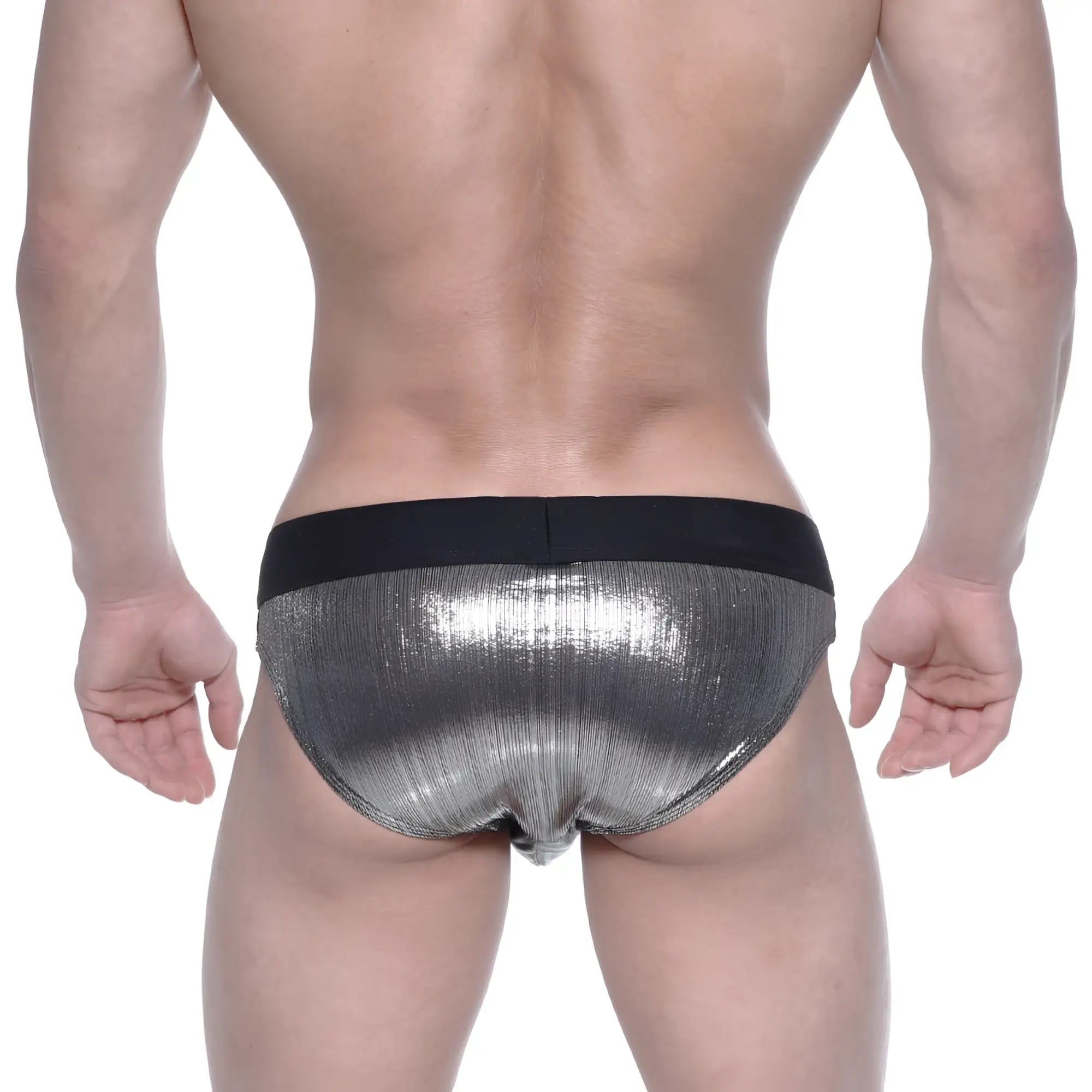 Shiny silver metallic swim briefs with black elastic waistband from metromalewear stars collection model 4946-33