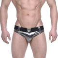 MetroMalewear STARS shiny silver metallic swim briefs with black elastic waistband and ornate circular buckle