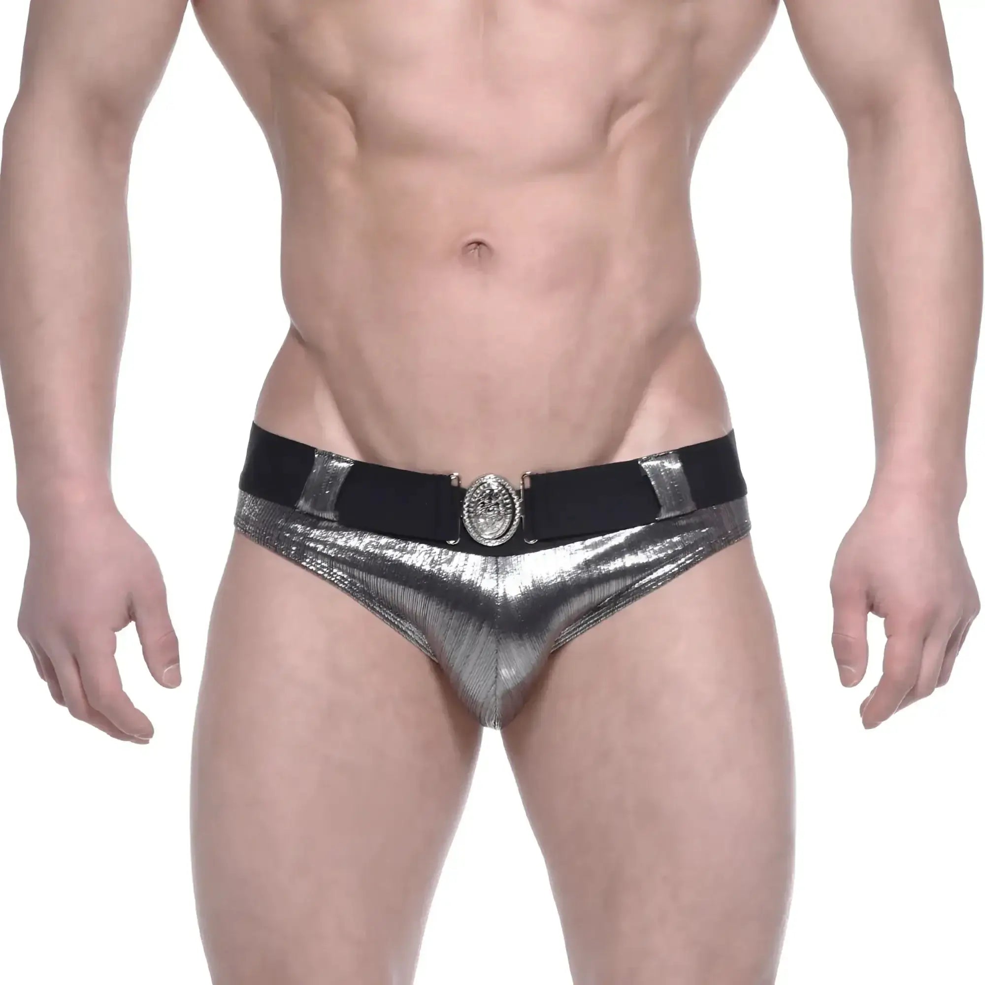 MetroMalewear STARS shiny silver metallic swim briefs with black elastic waistband and ornate circular buckle