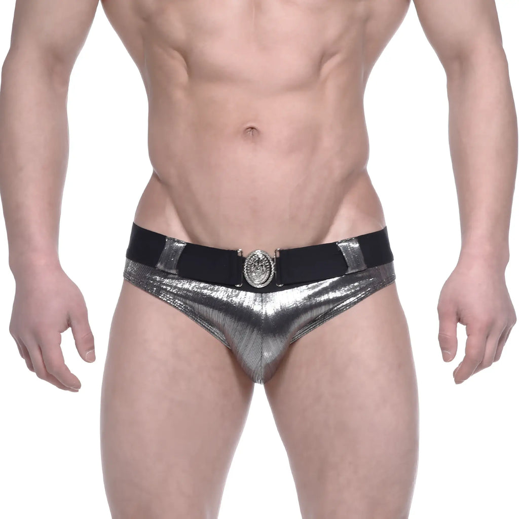 MetroMalewear STARS shiny silver metallic swim briefs with black elastic waistband and ornate circular buckle