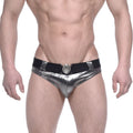 MetroMalewear STARS shiny silver metallic swim briefs with black elastic waistband and ornate circular buckle