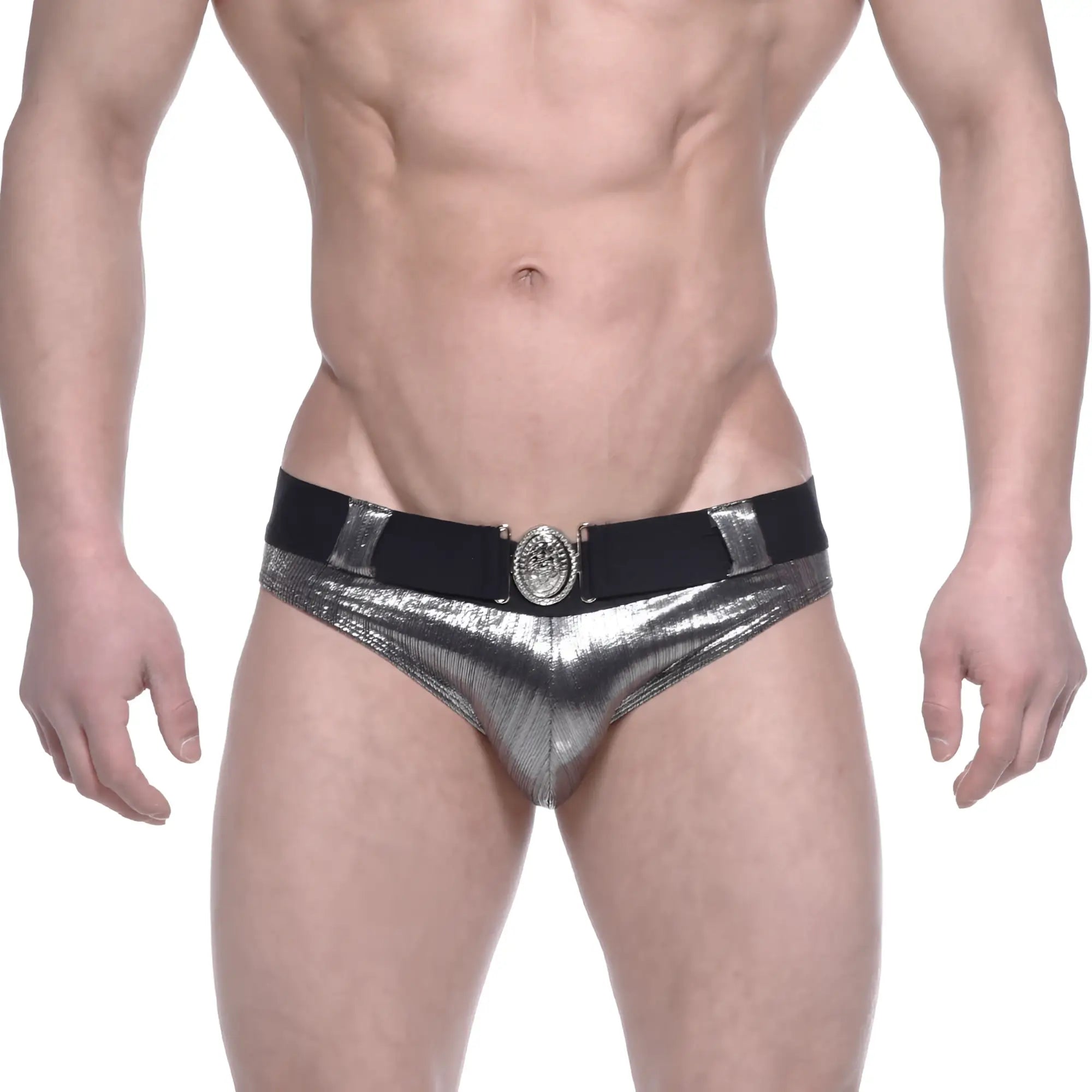 MetroMalewear STARS shiny silver metallic swim briefs with black elastic waistband and ornate circular buckle