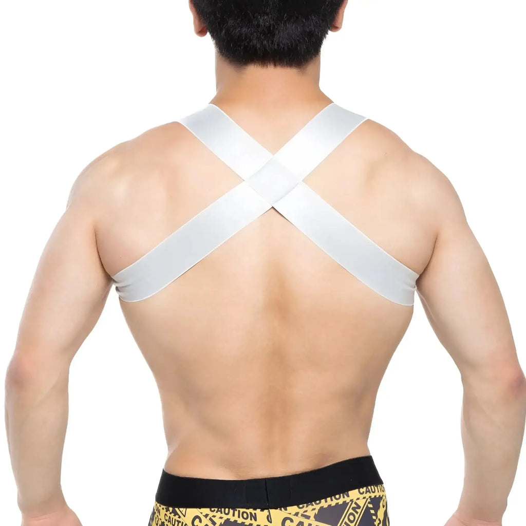 White cross-back support strap on the back of metromalewear steel harness 1400-10 for secure fit and durability