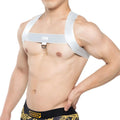 MetroMaleWear steel harness 1400-10 silver metallic chest strap with adjustable shoulder straps and central d-ring attachment
