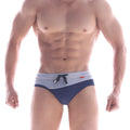 Metro malewear steel swim brief navy 4941-28 featuring navy blue and light gray fabric with black drawstring waistband
